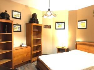 a bedroom with a bed and a book shelf at Les Chambres du Prieuré in Saint-Vincent-Rive-dʼOlt