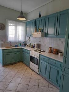 a kitchen with blue cabinets and a white stove at Andros Escape Chora in Andros