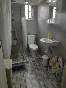 a small bathroom with a toilet and a sink at Andros Escape Chora in Andros +23 photos