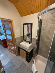 a bathroom with a sink and a shower at Apartamenty Borysek De Lux in Białka Tatrzanska