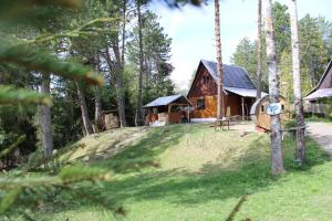 une cabane en rondins dans les bois avec une cour dans l'établissement Cottage Tatry so saunou, à Tatranska Strba