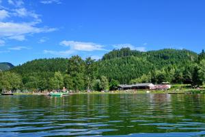 een groep mensen aan de oever van een meer bij Haus Sonnenschein in Feldkirchen in Kärnten