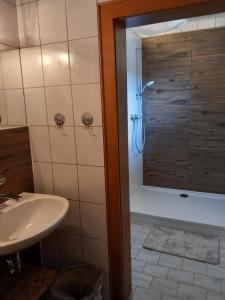 a bathroom with a shower and a sink at Apartment Antonias Kaffeehäferl in Eibiswald