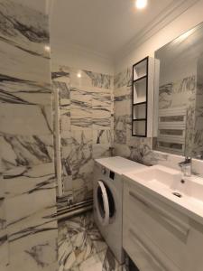 a bathroom with a sink and a washing machine at Appart proche plage pied dans l'eau avec terrasse jardin vue sur le bassin depuis la terrasse in Arcachon