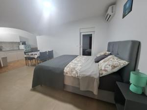 a bedroom with a large bed and a kitchen at Apartmani Jadro in Vir