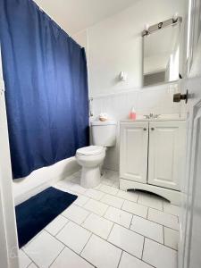 uma casa de banho com um WC e uma cortina de chuveiro azul em Mokulele em Miami
