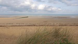 un groupe de personnes marchant sur une plage de sable dans l'établissement JUNO Appart, à Courseulles-sur-Mer