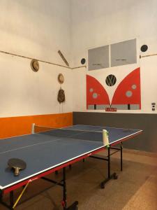 una mesa de ping pong en una habitación con una pelota de ping pong en Zebulo Hostel, en Panamá