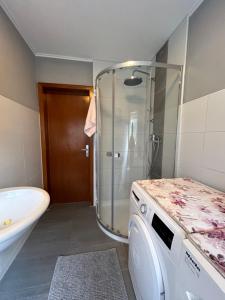 a bathroom with a shower and a washing machine at Ferienwohnung Mittenaar in Mittenaar