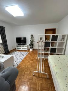 ein Wohnzimmer mit einem Bett und einem TV in der Unterkunft Ferienwohnung Mittenaar in Mittenaar