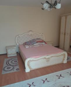 1 dormitorio con 1 cama con manta rosa en MATUS, en Hrabušice