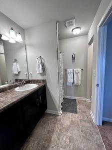uma casa de banho com um lavatório e um espelho em Spacious 4 BR in Suburban Metro Atlanta em McDonough