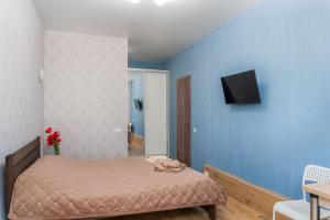 卡爾可夫的住宿－Блакитна студия, Південний вокзал 5 хвилин，卧室配有一张床,墙上配有电视。