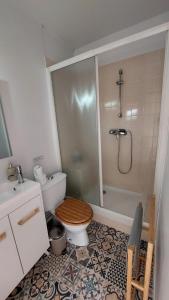 e bagno con servizi igienici, doccia e lavandino. di Studio Le Cosy a Montrichard