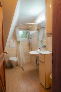 ein Bad mit einem Waschbecken, einem WC und einem Fenster in der Unterkunft Country Retreat, Near Ljubljana City, Apartma na vasi, blizu mesta Ljubljana in Medvode