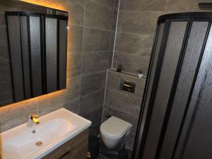 a bathroom with a sink and a toilet and a mirror at Basar hotel in Erdemli