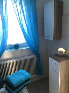 una camera con finestra e tenda blu di Haus im Grünen a Bad Zell