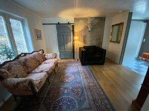 uma sala de estar com um sofá e uma cadeira em Sentralt hus i Rjukan em Rjukan