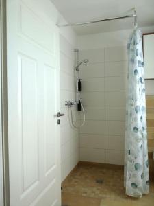 ein Bad mit Dusche und Duschvorhang in der Unterkunft Helle Wohnung mit Terrasse in Osnabrück
