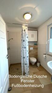 ein Bad mit einem Duschvorhang und einem WC in der Unterkunft Helle Wohnung mit Terrasse in Osnabrück