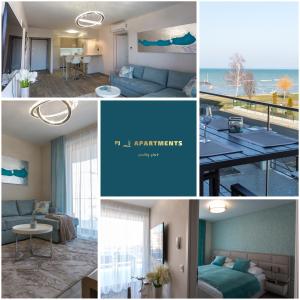 a collage of photos of a living room and dining room at Coral Luxury Apartment in Siófok