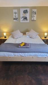 a bedroom with a large white bed with two pillows at Le Relais des Eléphants Colorés in Virlet