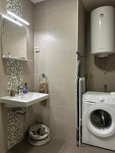 uma casa de banho com uma máquina de lavar roupa e um lavatório em Pool and spa apartment 1BR em Donji Morinj