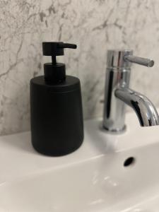 a black soap dispenser sitting on a bathroom sink at Immaculate 2-Bed Lodge in Hayle in Hayle