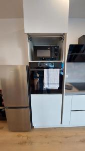 a kitchen with a refrigerator and a microwave at Ferienwohnung Zur Hofreite in Mörlenbach