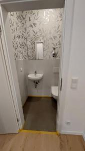 un bagno con lavandino e WC di Ferienwohnung Zur Hofreite 6 a Mörlenbach Altre 29 foto