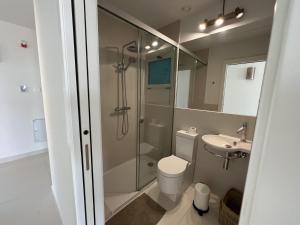 a bathroom with a shower and a toilet and a sink at Beautiful modern apartement with Jacuzzi, 1 km from the beach in Torremuelle +22 photos