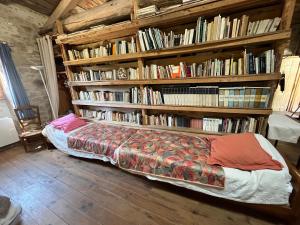ein Schlafzimmer mit einem Bücherregal voller Bücher in der Unterkunft Le Refuge Familial in Fondamente