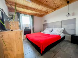 una camera da letto con un letto con una coperta rossa di Domek Życiny nad Zalewem Chańcza a Życiny