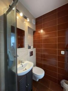 a bathroom with a toilet and a sink and a shower at Apartament nad jeziorem Ukiel in Olsztyn +53 photos
