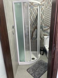 a small bathroom with a shower and a toilet at 5B Luxury Apartment in Tas-Samra