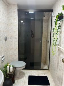 a bathroom with a shower with a toilet and a sink at Apartamento Paraguayo - Proximo a Estadios Pablo Rojas La nueva Olla y Defensores del chaco - Centro historico in Asuncion