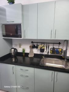 a kitchen with a sink and a microwave at شالية غرفة ورسيبشن وحمام ومطبخ أرضي بجاردن خاص in Port Said
