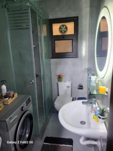 a bathroom with a sink and a shower and a toilet at شالية غرفة ورسيبشن وحمام ومطبخ أرضي بجاردن خاص in Port Said