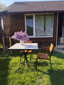 a table with a vase of flowers and a chair at Карпати котедж Анастасія in Skole
