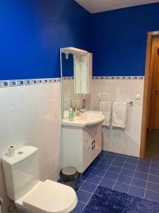 a blue and white bathroom with a toilet and a sink at Quinta de Santana - Queimadas in Furnas