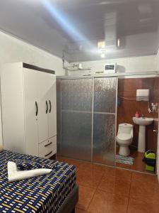 a bedroom with a shower and a toilet and a bed at La Casa de Detours Costa Rica in Fortuna