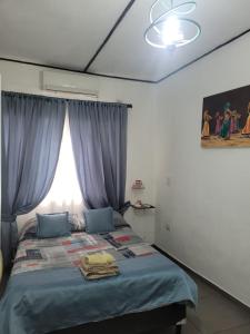 Un dormitorio con una cama con almohadas azules y una ventana en Alojamientos Mis nonos en Mendoza