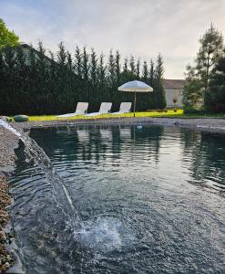 uma fonte numa piscina com cadeiras e um guarda-sol em LubięNic przytulny dom z basenem 