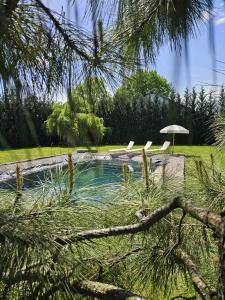 einen Pool mit 2 Liegestühlen und einem Sonnenschirm in der Unterkunft LubięNic przytulny dom z basenem 