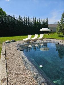 einen Pool mit Liegestühlen und einem Sonnenschirm in der Unterkunft LubięNic przytulny dom z basenem 