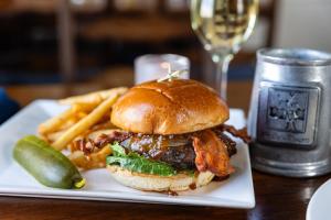 a sandwich and french fries and a glass of wine at Wolfeboro Inn in Wolfeboro