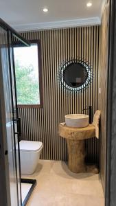 a bathroom with a sink and a toilet and a mirror at HABITACION CON HERMOSAS VISTAS A BILBAO in Bilbao