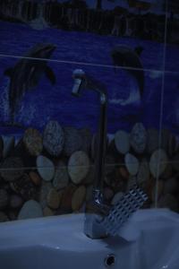 Erki Guest House في أبو سمبل: حوض الحمام به صنبور وجدارية اسماك