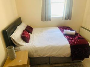 um quarto com uma cama com almofadas vermelhas e uma janela em Sea view Flat Cobh em Cobh