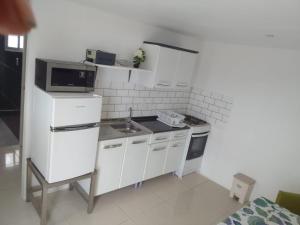 una pequeña cocina con fregadero y microondas en Jireh Homestay, en Willemstad